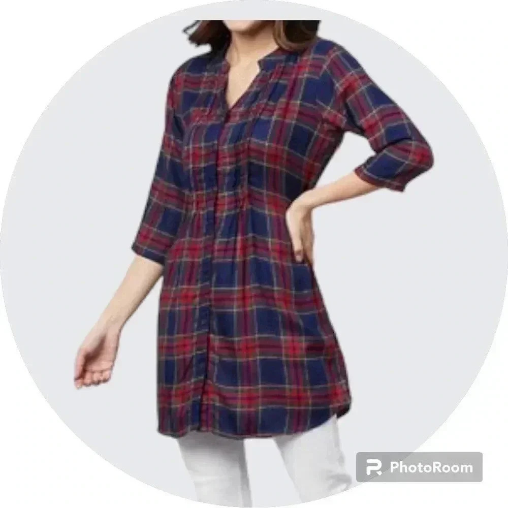 One Femme Plaid Button-Up Tunic W/ Waist Belt Size Med-large Pre-Owned